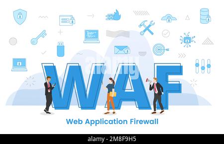 waf Web Application Firewall-Konzept mit großen Wörtern und Personen, die von einem verwandten Symbol mit blauer Vektordarstellung umgeben sind Stockfoto