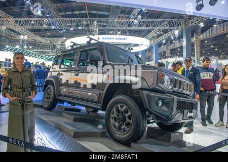 Großraum Noida, Indien. 13. Januar 2023. Maruti Suzuki Jimny SUV präsentiert sich auf der Auto Expo 2023, India Expo Mart. Kredit: SOPA Images Limited/Alamy Live News Stockfoto