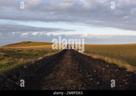 Island ländliche Straße in wunderschöner isländischer endloser Feldlandschaft. Südisland Abenteuer Wandern in der Nähe von Vic. Bewölkter Himmel, Straße zum Horizont. Stockfoto