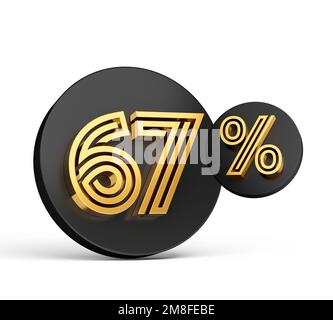 Ein 3D-Rendering des goldenen 67 %-Symbols auf einem schwarzen Button, isoliert auf weißem Hintergrund Stockfoto