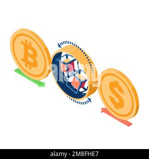 Flacher 3D isometrischer Bitcoin- und Dollar-Münzwechsel durch Blockchain. Bitcoin- und Cryptocurrency Exchange-Plattform. Stock Vektor