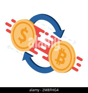 Flat 3D Isometric Dollar Coin and Bitcoin Exchange oder Tausch. Kryptowährung Exchange Platform-Konzept. Stock Vektor