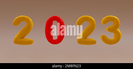 2023-Text Referenzkreise Buchstaben auf beigefarbenem Hintergrund. 3D Arbeit Stockfoto
