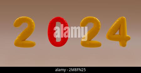 2024-Text Referenzkreise Buchstaben auf beigefarbenem Hintergrund. 3D Arbeit Stockfoto