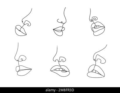 Lineare Frauenlippen. Permanentes Make-up und Mikroblading. Symbol für Mund und Nase auf weißem Hintergrund. Abstrakte minimalistische weibliche Porträts. Modern Stock Vektor