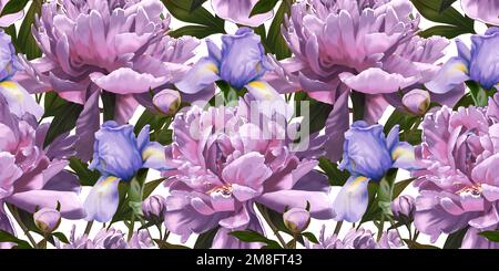 Schönes, nahtloses Muster mit wunderschönen Pfingstrosen und Iris. Blumentapete. Aquarell mit wunderschönen Blumen. Handgezeichnet, 3D-Darstellung Stockfoto