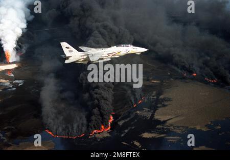 Ein Kampfgeschwader 114 (VF-114) F-14A Tomcat fliegt über einer Ölquelle, die von irakischen Truppen während der Operation Desert Storm in Brand gesetzt wurde. Betreff Betrieb/Serie: WÜSTENSTURMLAND: Kuwait (KWT) Stockfoto