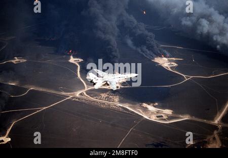 Ein Kampfgeschwader 114 (VF-114) F-14A Tomcat fliegt über Ölquellen, die während der Operation Desert Storm von irakischen Streitkräften in Brand gesetzt wurden. Betreff Betrieb/Serie: WÜSTENSTURMLAND: Kuwait (KWT) Stockfoto