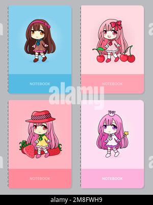 Cartoon-Cover mit Kawaii Anime Chibi-Mädchen. Stock Vektor