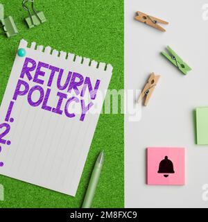 Text mit den Rückgaberichtlinien. Geschäftsansatz Steuererstattung Geschäftsbedingungen für den Einzelhandel beim Kauf Stockfoto