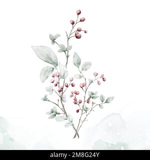 Aquarell-Strauß von Beerenzweigen auf spritzwasserbeflecktem Hintergrund. Elemente für dekorative Weihnachtsfeste, Winter-, Neujahrseinladungen, Stock Vektor