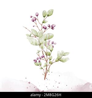 Aquarell-Strauß von Beerenzweigen auf spritzwasserbeflecktem Hintergrund. Elemente für dekorative Weihnachtsfeste, Winter-, Neujahrseinladungen, Stock Vektor