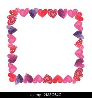 Quadratischer Rahmen aus handbemalten, wasserfarbenen Herzen. Süß und romantisch, perfekt für die Begrüßung am Valentinstag. Stockfoto