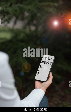 Schild mit den Top-News. Informationen zur Geschäftsübersicht, die über ein Ereignis empfangen und gesendet werden Stockfoto