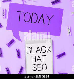 Konzeptunterschrift Black hat Seo. Konzept bedeutet Suchmaschinenoptimierung Einsatz von Techniken, um Browser zu betrügen Stockfoto