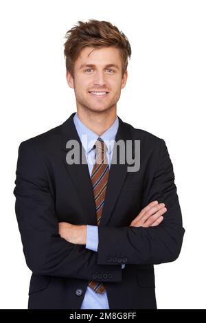 Er ist ein selbstbewusster junger Geschäftsmann. Porträt eines jungen Geschäftsmannes, der selbstsicher steht. Stockfoto
