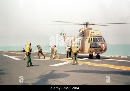 Aviation Boatswain's Mate (Aircraft Handling) 3. Klasse John R. Scarry signalisiert dem Piloten eines Kuwaiti SA-330 Puma Helikopters, der sich auf die Landung auf dem Flugdeck des Amphibienschiffs USS OKINAWA (LPH-3) vorbereitet. Land: Unbekannt Stockfoto