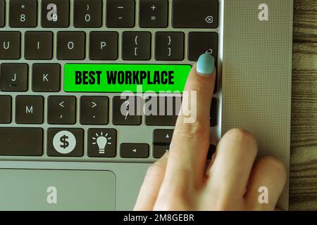 Schild mit der Anzeige „Bester Arbeitsplatz“. Konzeptfoto ideales Unternehmen, um mit hoher Kompensation stressfrei zu arbeiten Stockfoto