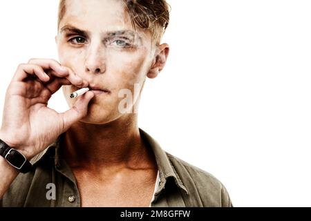 Wolken für meine Probleme. Ein junger Hipster, isoliert auf Weiß. Stockfoto