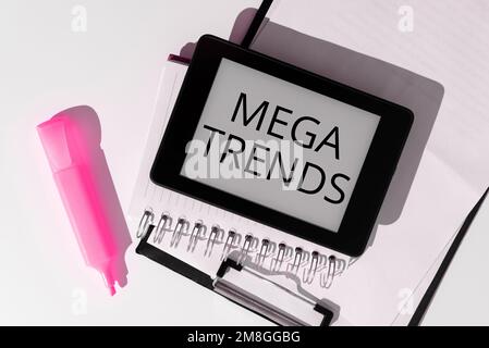 Textunterschrift mit Megatrends. Internetkonzept starke Phänomene, die die Grundlagen unserer Welt beeinflussen Stockfoto