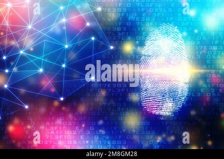 Fingerabdruck-Scan-Identifikationssystem. Biometrische Autorisierung und Unternehmenssicherheitskonzept, Fingerabdruckscannen - digitales Sicherheitssystem Stockfoto
