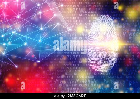Fingerabdruck-Scan-Identifikationssystem. Biometrische Autorisierung und Unternehmenssicherheitskonzept, Fingerabdruckscannen - digitales Sicherheitssystem Stockfoto