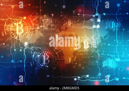 Finanzkonzept mit Bitcoins-Symbol. Finanzieller Hintergrund Des Unternehmens. Global Abstract Bitcoin Krypto Currency Blockchain Technologie Hintergrund Stockfoto