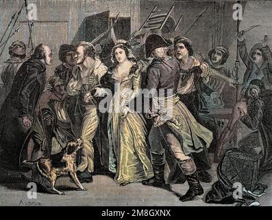 L'arrestation de Charlotte Corday (1768-1793) apres le meurtre de Jean Paul (Jean-Paul) Marat en 1793 - die Verhaftung der revolutionären Charlotte Corday in Paris, Unterstützerin der Girondins, Französische Revolution, nach einem Gemälde von Henry Scheffer Stockfoto