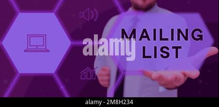 Unterschreiben Sie mit der Anzeige der Verteilerliste. Wort, das auf einer Liste von Personen steht, die eine regelmäßige Mailing-Verteilung abonnieren Stockfoto
