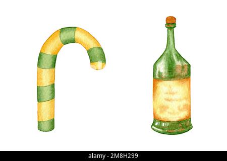 St. Aquarell-Set zum Patricks Day. Abbildung mit Süßigkeiten und einer Flasche Whiskey. Grüner Lutscher Stockfoto