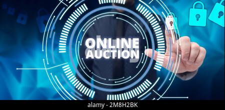 Konzeptdarstellung Online-Auktion. Geschäftsüberblick Prozess des Einkaufs und Verkaufs von Waren oder Dienstleistungen online Stockfoto
