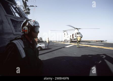 Die Besatzungen des Flugdecks stehen bereit, während ein Marine Medium Helicopter Squadron 261 (HMM-261) CH-46E Sea Knight Helikopter sich auf den Start vom Amphibienschiff USS GUAM (LPH-9) vorbereitet. Land: Adria Stockfoto