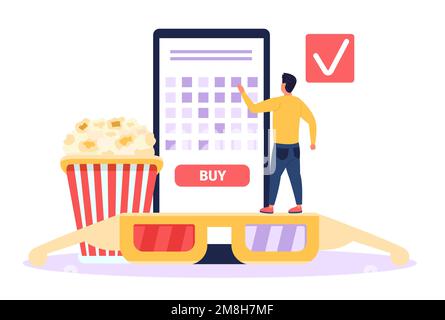 Ein Mann, der online Kinokarten kauft. Winzige Person, die Filmplätze über eine Smartphone-App reserviert. Männliche Figur mit Gadget Stock Vektor