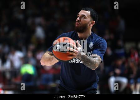 Belgrad, Serbien, 12. Januar 2023. Mike James von AS Monaco reagiert während des EuroLeague-Spiels der Turkish Airlines 2022/2023 zwischen Crvena Zvezda mts Belgrad gegen AS Monaco in der Aleksandar Nikolic Hall in Belgrad, Serbien. 12. Januar 2023. Kredit: Nikola Krstic/Alamy Stockfoto