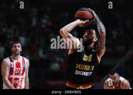 Belgrad, Serbien, 12. Januar 2023. Mike James von AS Monaco spielt während des EuroLeague-Spiels der Turkish Airlines 2022/2023 zwischen Crvena Zvezda mts Belgrad gegen AS Monaco in der Aleksandar Nikolic Hall in Belgrad, Serbien, Freiwurf. 12. Januar 2023. Kredit: Nikola Krstic/Alamy Stockfoto