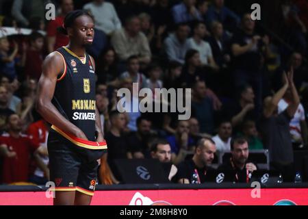 Belgrad, Serbien, 12. Januar 2023. Yoan Makoundou von AS Monaco reagiert während des EuroLeague-Spiels der Turkish Airlines 2022/2023 zwischen Crvena Zvezda mts Belgrad gegen AS Monaco in der Aleksandar Nikolic Hall in Belgrad, Serbien. 12. Januar 2023. Kredit: Nikola Krstic/Alamy Stockfoto