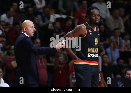 Belgrad, Serbien, 12. Januar 2023. Yoan Makoundou von AS Monaco reagiert während des EuroLeague-Spiels der Turkish Airlines 2022/2023 zwischen Crvena Zvezda mts Belgrad gegen AS Monaco in der Aleksandar Nikolic Hall in Belgrad, Serbien. 12. Januar 2023. Kredit: Nikola Krstic/Alamy Stockfoto