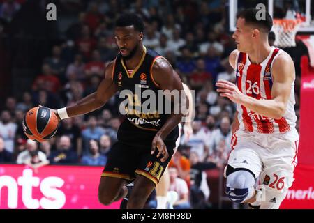 Belgrad, Serbien, 12. Januar 2023. Alpha Diallo von AS Monaco in Aktion während des EuroLeague-Spiels der Turkish Airlines 2022/2023 zwischen Crvena Zvezda mts Belgrad gegen AS Monaco in der Aleksandar Nikolic Hall in Belgrad, Serbien. 12. Januar 2023. Kredit: Nikola Krstic/Alamy Stockfoto