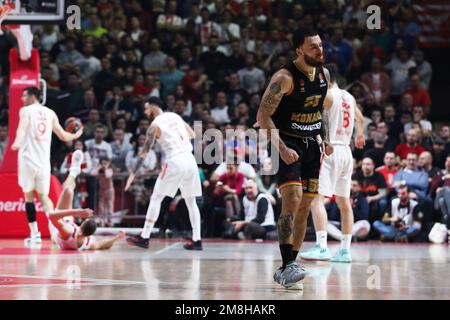 Belgrad, Serbien, 12. Januar 2023. Mike James von AS Monaco reagiert während des EuroLeague-Spiels der Turkish Airlines 2022/2023 zwischen Crvena Zvezda mts Belgrad gegen AS Monaco in der Aleksandar Nikolic Hall in Belgrad, Serbien. 12. Januar 2023. Kredit: Nikola Krstic/Alamy Stockfoto