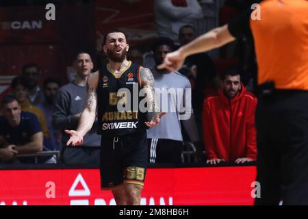 Belgrad, Serbien, 12. Januar 2023. Mike James von AS Monaco reagiert während des EuroLeague-Spiels der Turkish Airlines 2022/2023 zwischen Crvena Zvezda mts Belgrad gegen AS Monaco in der Aleksandar Nikolic Hall in Belgrad, Serbien. 12. Januar 2023. Kredit: Nikola Krstic/Alamy Stockfoto