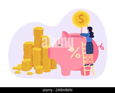 Sparen Sie Geld in Investitionen. Eine Frau, die auf der Leiter steht und Münzen in ein Sparschwein steckt. Ein Haufen Geld, eine weibliche Figur Stock Vektor