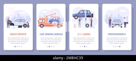 Bildschirmposter für Vektorset für mobile Apps für Automechaniker Stock Vektor