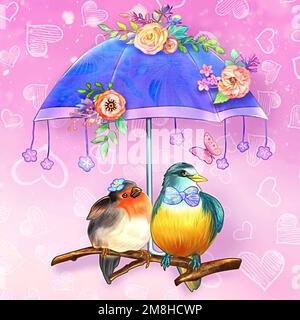 Illustration eines Paares schöner Vögel mit Schirm und Blumen Stockfoto