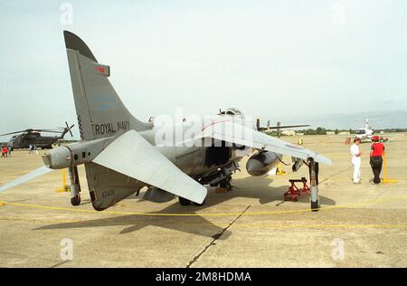 Die rechte Rückansicht eines British Royal Navy FRS Mk. 2 Sea Harrier wird während einer Flugshow ausgestellt. Basis: Luftwaffenstützpunkt Eglin Bundesstaat Florida (FL) Land: Vereinigte Staaten von Amerika (USA) Stockfoto