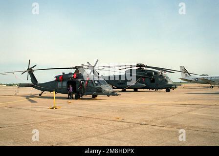 Die rechte Seitenansicht eines Air Force MH-60G PAVE Hawk Hubschraubers und eines MH-53J Pave Low III Hubschraubers während der Flugschau. Basis: Luftwaffenstützpunkt Eglin Bundesstaat Florida (FL) Land: Vereinigte Staaten von Amerika (USA) Stockfoto