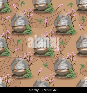 Endloses Teemuster. Nahtloses Muster mit einer Tasse Tee, Kirschblüten und Rosenkranz Stock Vektor