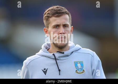 High Wycombe, Großbritannien. 14. Januar 2023. George Byers #14 von Sheffield Wednesday kommt vor dem Sky Bet League 1-Spiel Wycombe Wanderers vs Sheffield Wednesday im Adams Park, High Wycombe, Großbritannien, 14. Januar 2023 (Foto von Gareth Evans/News Images) in High Wycombe, Großbritannien, am 1./14. Januar 2023. (Foto: Gareth Evans/News Images/Sipa USA) Guthaben: SIPA USA/Alamy Live News Stockfoto