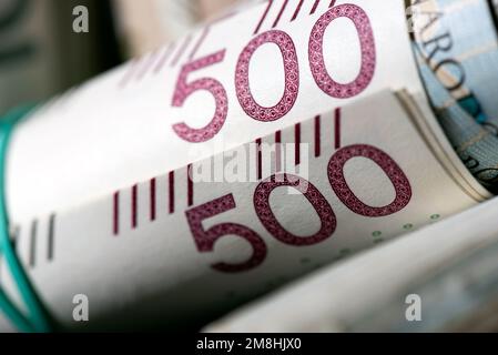 Polnische 500-Banknoten, polnisches Geld, PLN-Währung Stockfoto