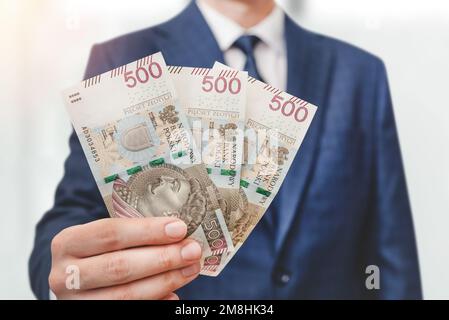 Polnische 500-PLN-Banknoten in der Hand, polnische Währung Stockfoto