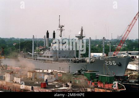 Steuerbord-Bugblick auf das Frachtschiff USNS VEGA (T-AK-286) des militärischen Sealift-Kommandos während der routinemäßigen Überholung auf der Werft der Virginia Dry Dock Corporation am Elizabeth River. Basis: Norfolk Bundesstaat: Virginia (VA) Land: Vereinigte Staaten von Amerika (USA) Stockfoto